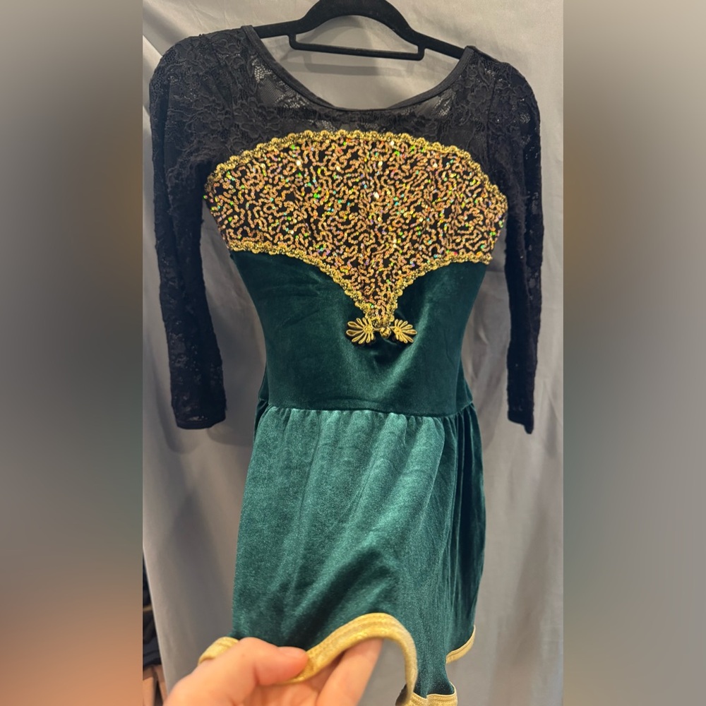 Elegant Green, Black and Gold Lace Dress Costume